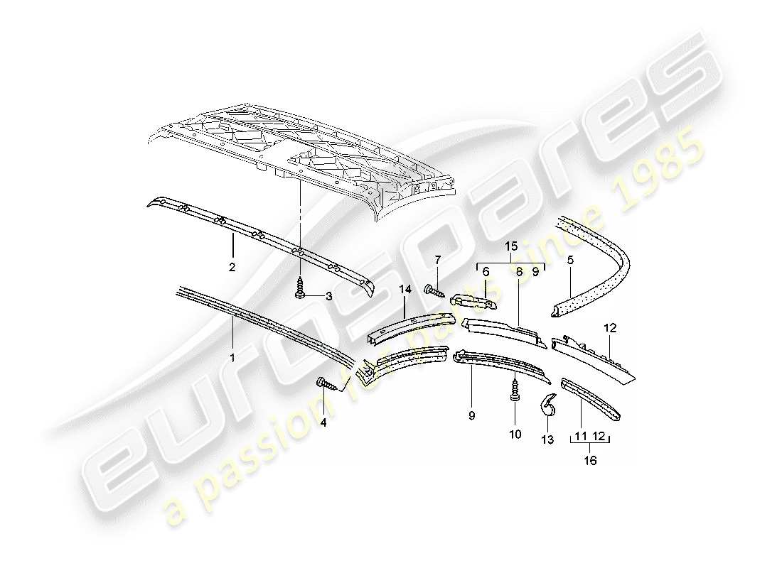 porsche 2004 (996 turbo / gt2) cabrioverdeck - dichtungsstreifen ersatzteildiagramm