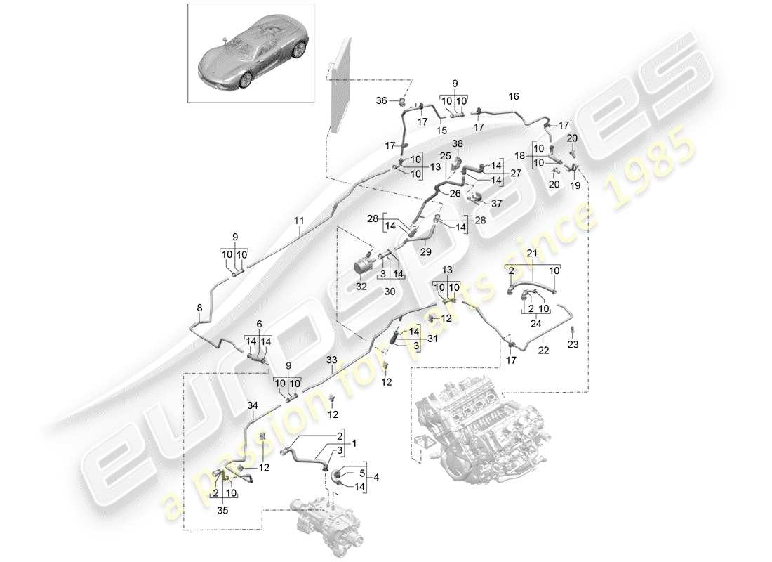 porsche 2015 (918 spyder) wasserkühlung teilediagramm