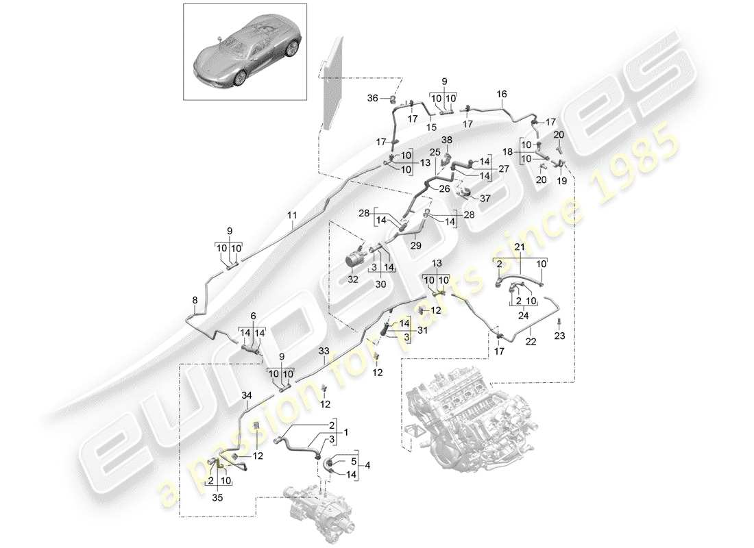 porsche 918 spyder (2015) wasserkühlen teilediagramm