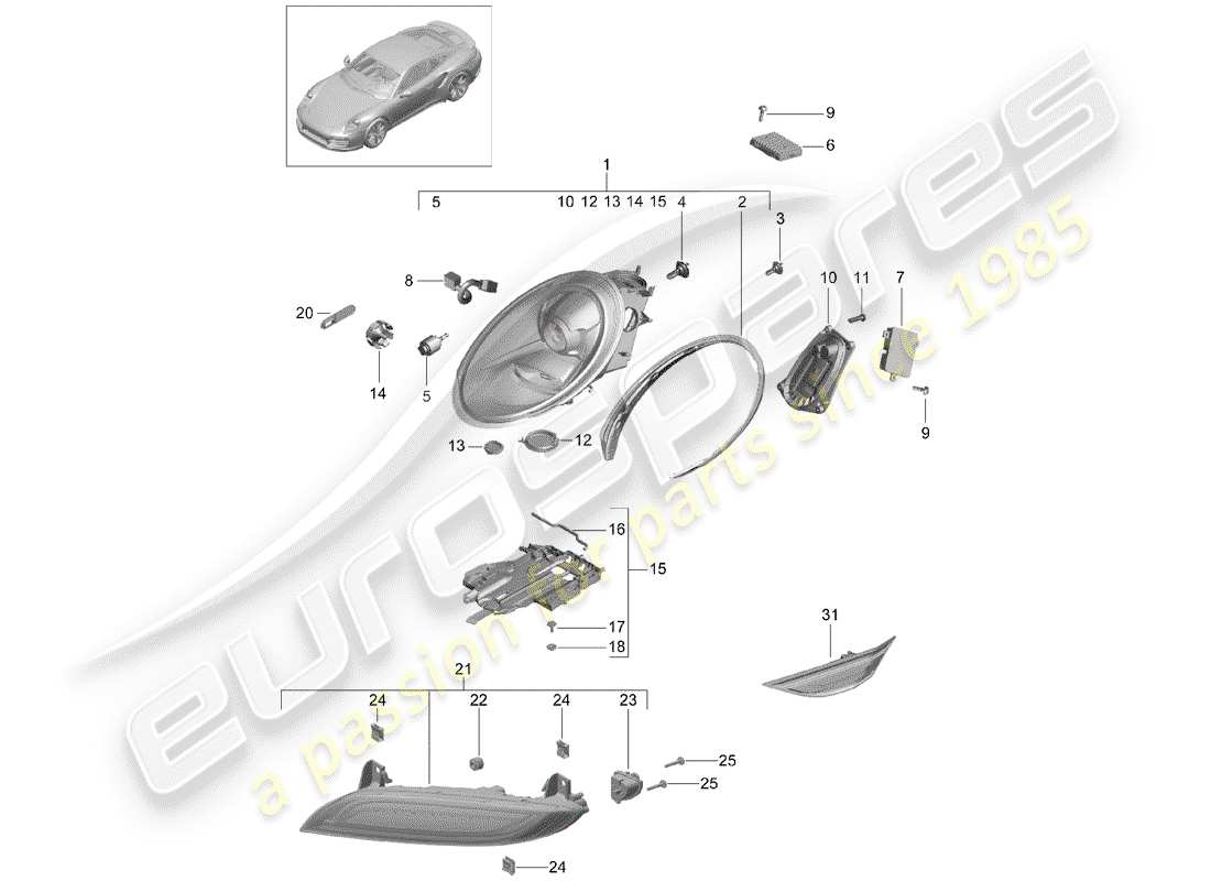 porsche 2014 (991-1 turbo) scheinwerfer-teilediagramm