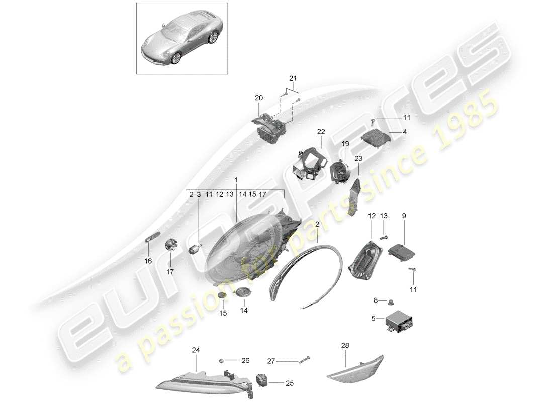 porsche 2018 (991-2) scheinwerfer-teilediagramm