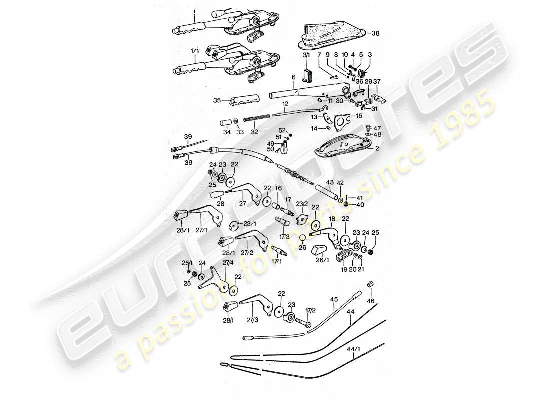 porsche 1977 (911 turbo) bedienhebel - handbremse - manuelles gas teilediagramm