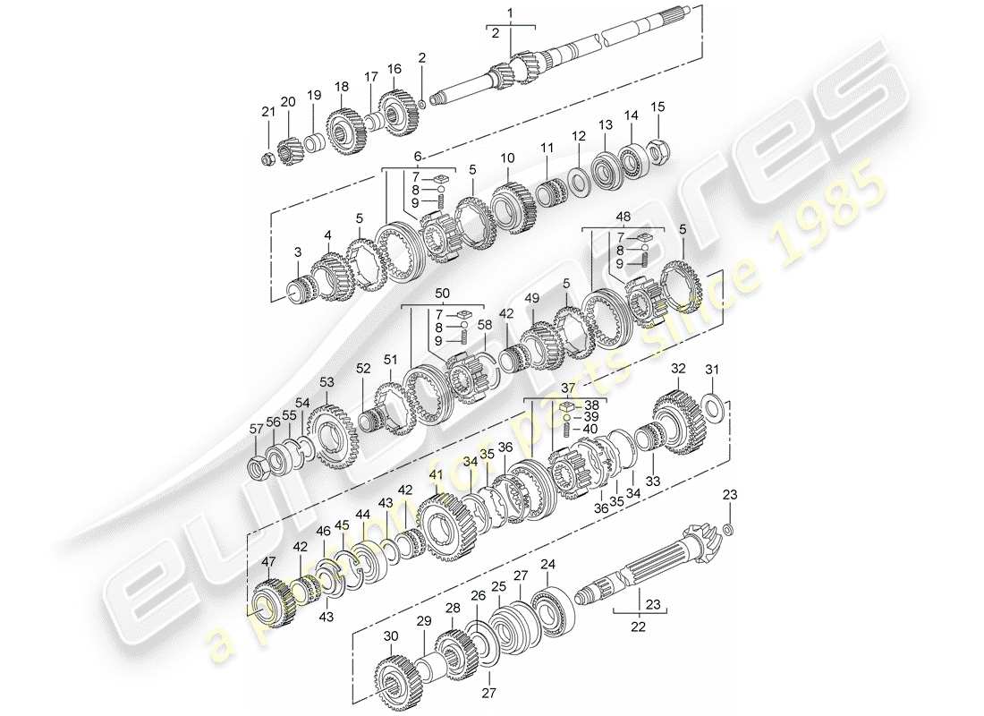 porsche 2007 (997-1 turbo / gt2) zahnräder und wellen ersatzteildiagramm