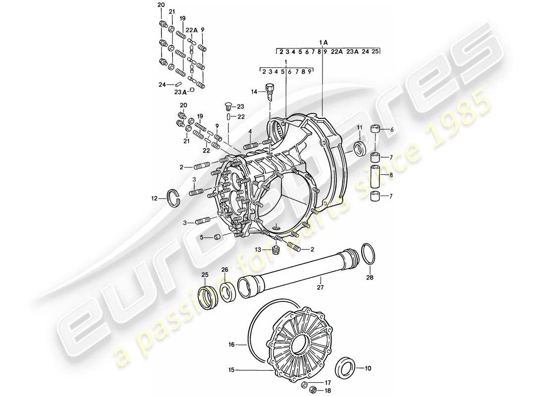 porsche 1986 (911) ersatzgetriebe – getriebegehäuse teilediagramm