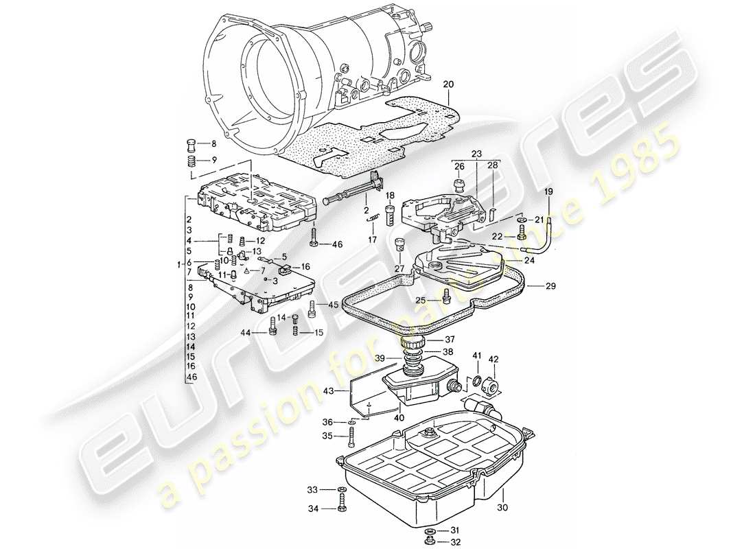porsche 1989 (928) automatikgetriebe - schaltventilkörper ersatzteildiagramm