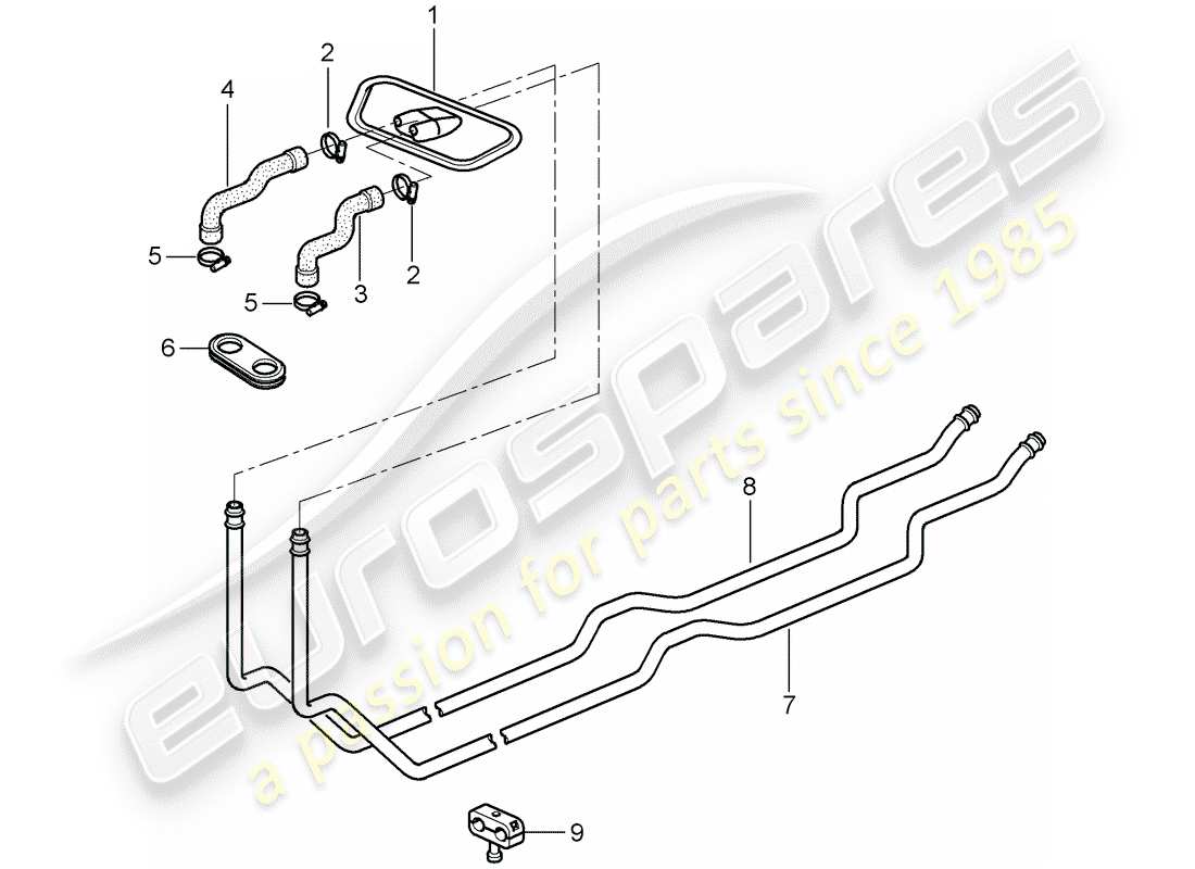 porsche 2005 (996 gt3) heizsystem 1 - vorlaufleitung - rücklaufleitung teilediagramm