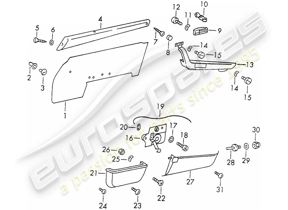 porsche 1972 (911) innenausstattung - türen ersatzteildiagramm