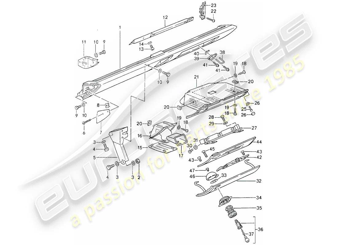 porsche 1990 (964) kniepolsterverkleidung - airbag - für fahrzeuge mit - handschuhfachdeckel - verschluss ersatzteildiagramm
