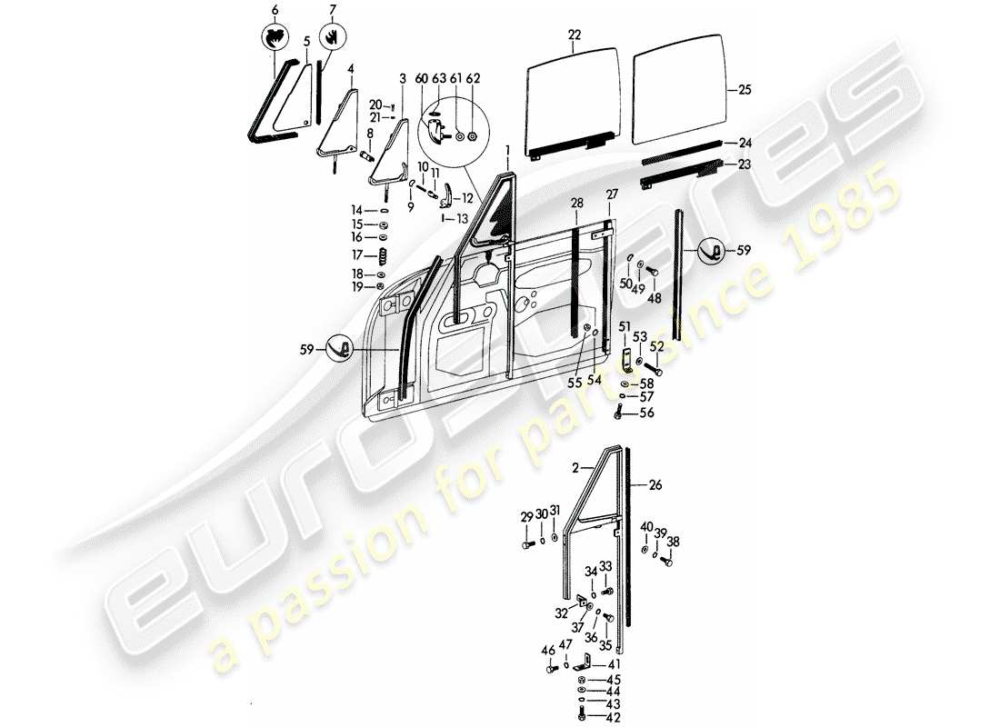 porsche 1961 (356b/356c) fensterrahmen - seitenfenster - türfenster - glasführung - türfenster teilediagramm