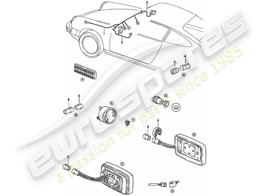 porsche 1983 (911) kabelbäume - rückspiegel ersatzteildiagramm