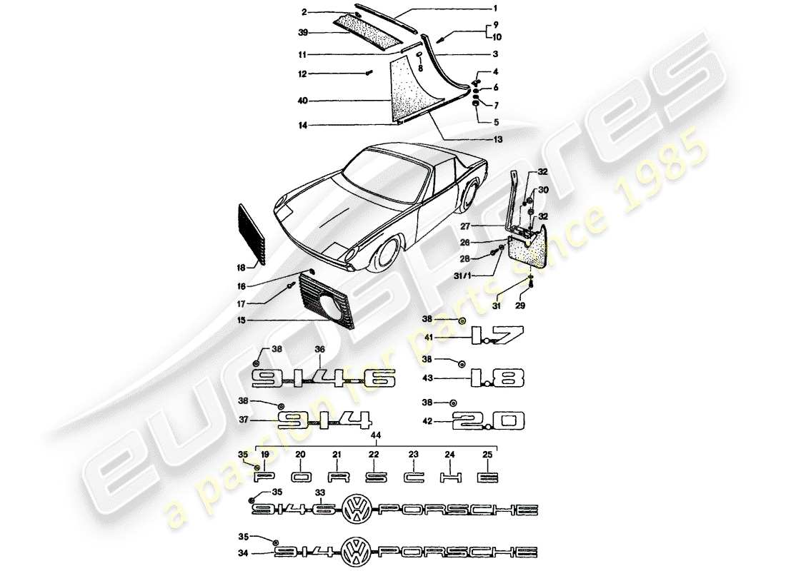 porsche 1970 (914) dekorative beschläge ersatzteildiagramm