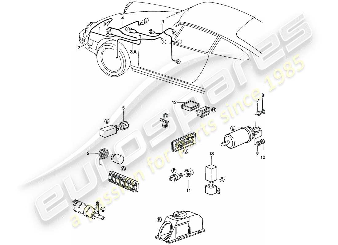 porsche 1985 (911) kabelbäume - scheibe - warnleuchten - kraftstoffpumpe teilediagramm