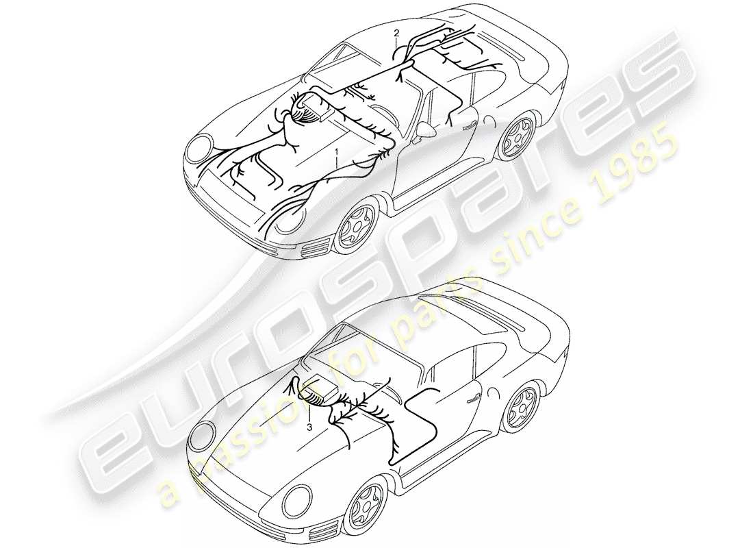 porsche 1988 (959) kabelbäume - vorderer gepäckraum - armaturenbrett - heckteil ersatzteildiagramm