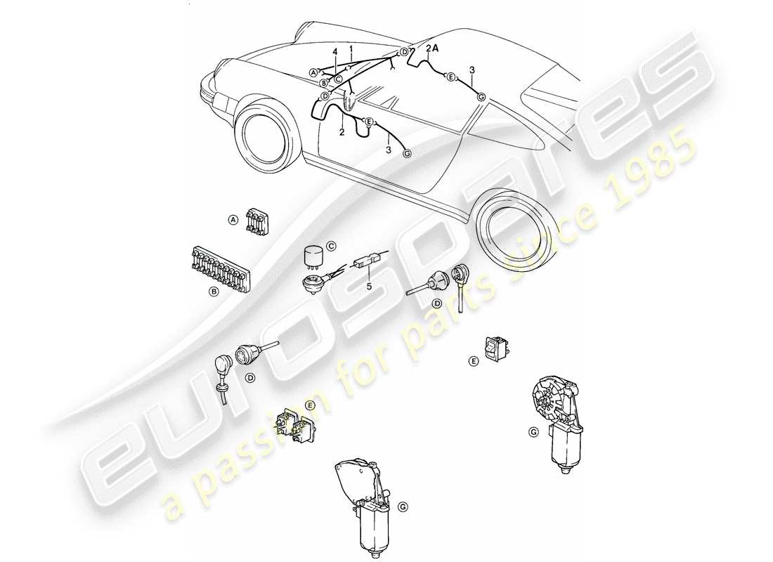 porsche 1986 (911) kabelbäume - vorderer gepäckraum - elektrische fensterheber ersatzteildiagramm