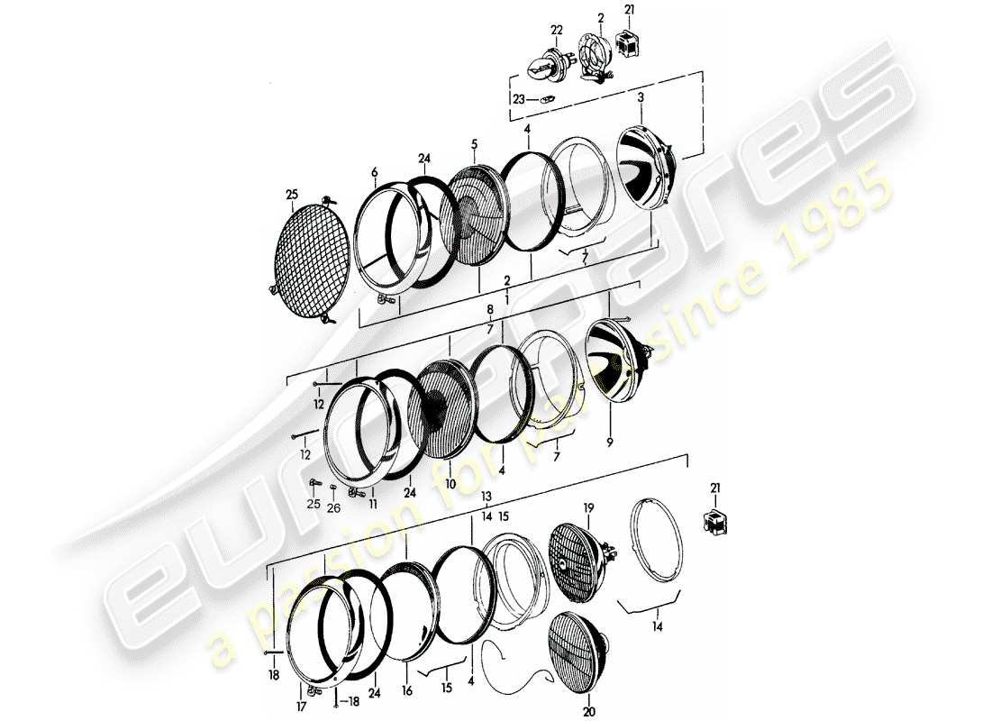 porsche 1964 (356b/356c) scheinwerfer-teilediagramm