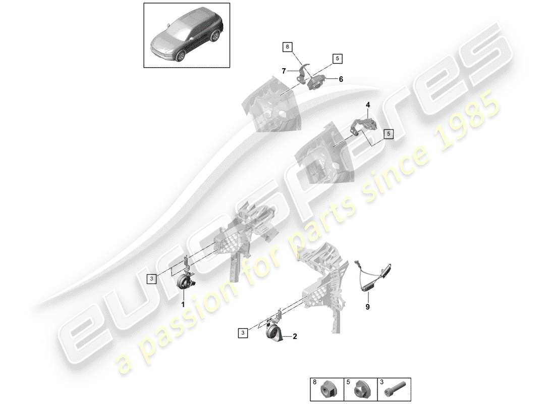 porsche 2020 (cayenne e3 9ya/9yb) fanfare horn ersatzteildiagramm