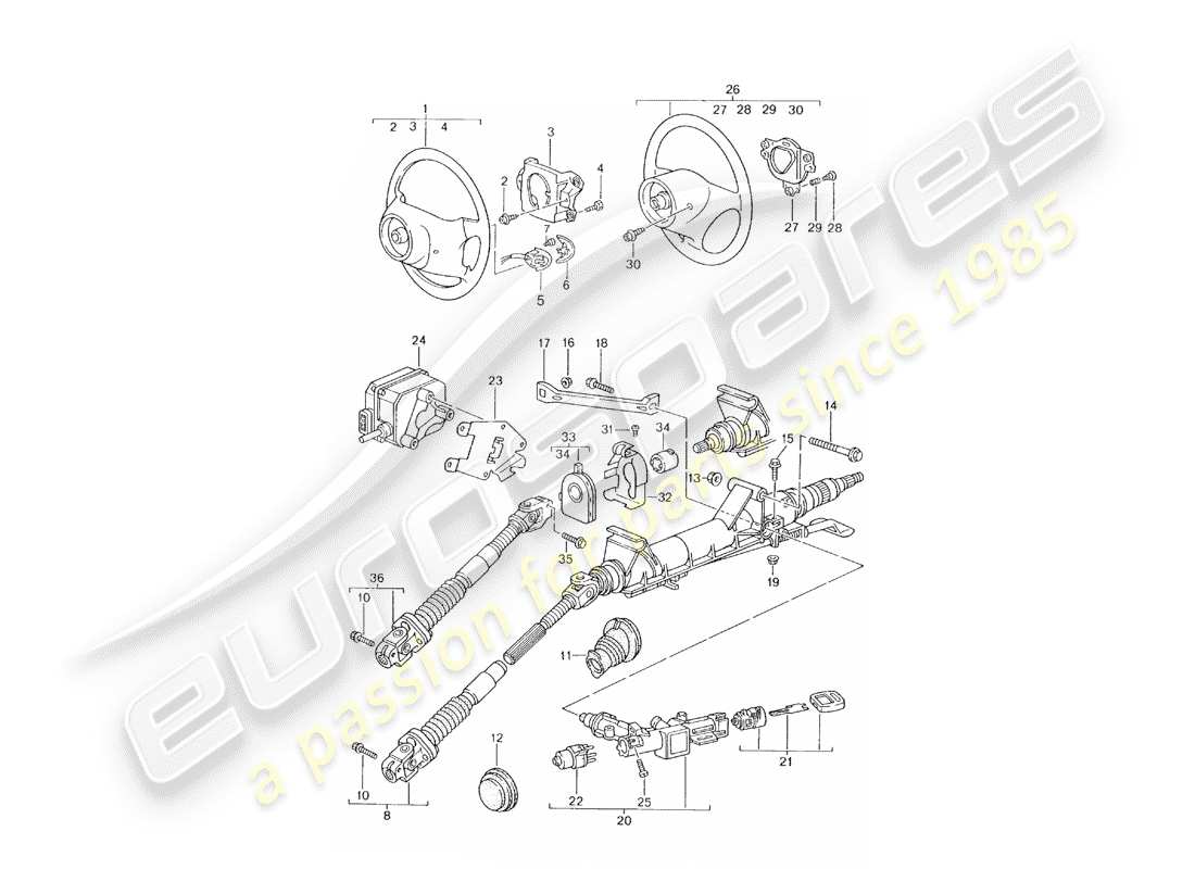 porsche 1999 (996) lenkschutzrohr - zwischenlenkwelle - lenkrad ersatzteildiagramm