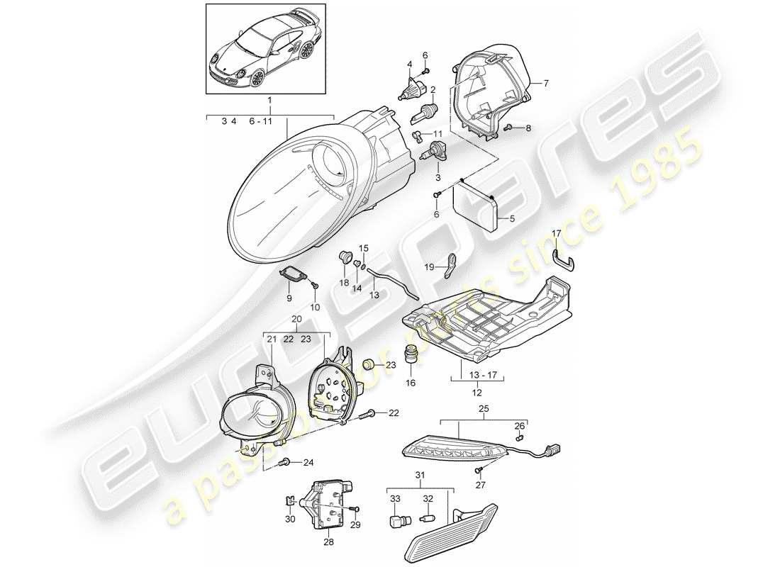 porsche 2013 (997-2 turbo / gt2 rs) scheinwerfer-teilediagramm
