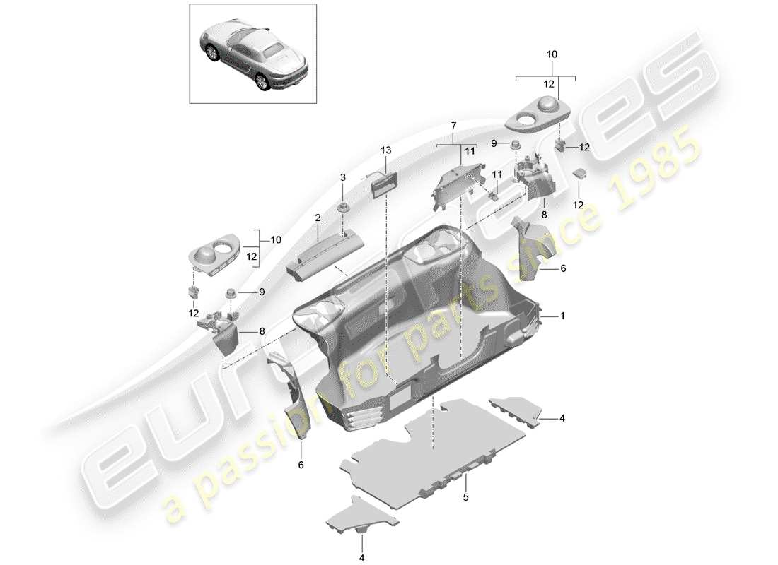 porsche 2018 (718 boxster) kofferraumverkleidung - ersatzteildiagramm