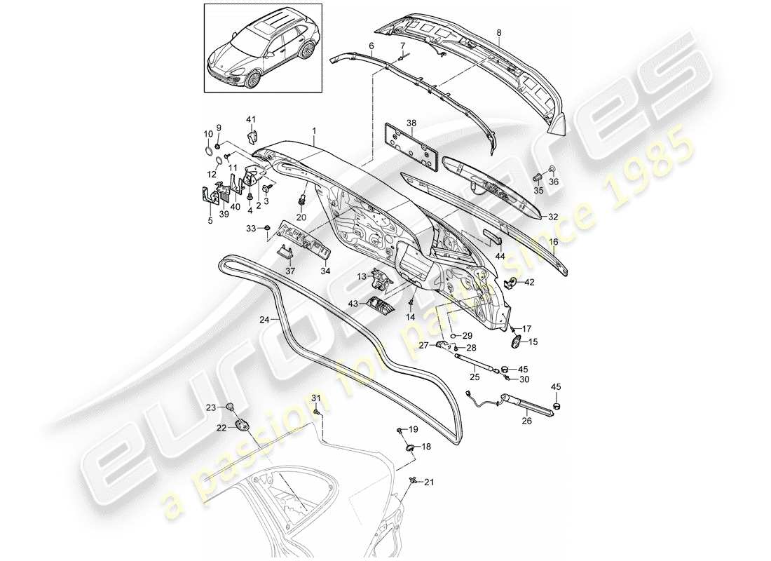 porsche 2017 (cayenne e2 92a) hinterer kofferraumdeckel teilediagramm