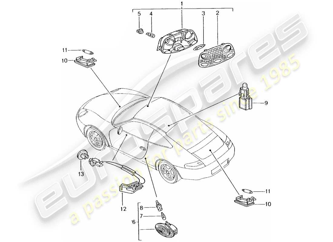 porsche 1999 (996) innenbeleuchtung - gepäckraumlampe - motorraumlampe - handschuhfachleuchte - fussraumlampe - innenentriegelung teilediagramm