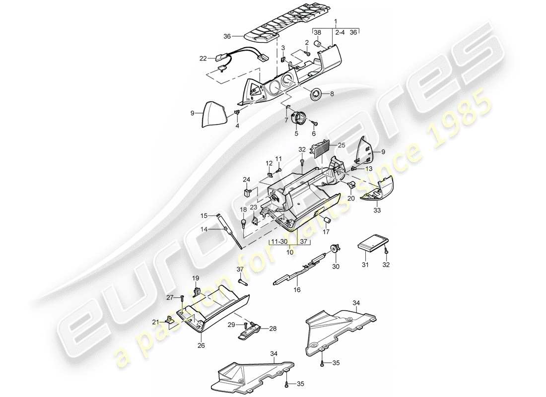 porsche 2008 (997-1 turbo / gt2) handschuhfach-ersatzteildiagramm