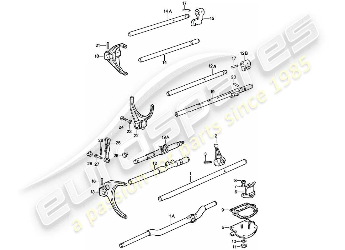 porsche 1987 (911) schaltstangen - schaltgabeln - für - 4-speed - und - 5-speed ersatzteildiagramm