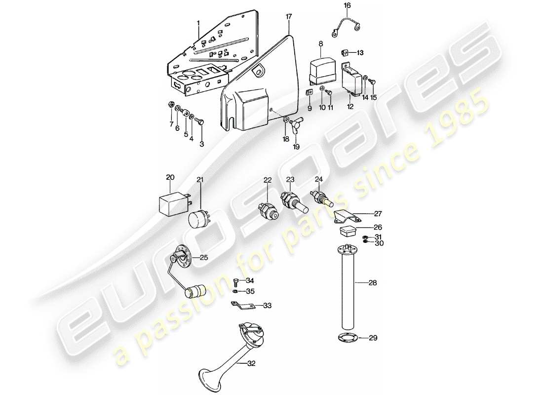 porsche 1982 (911) platte - relais - sensor - fanfarehupe ersatzteildiagramm