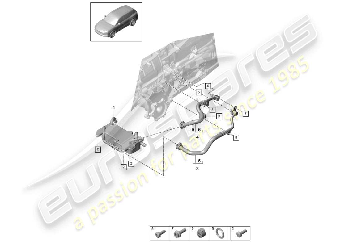 porsche 2019 (cayenne e3 9ya/9yb) 8-speed automatikgetriebe für allradantrieb getriebeölkühler ölleitung teilediagramm