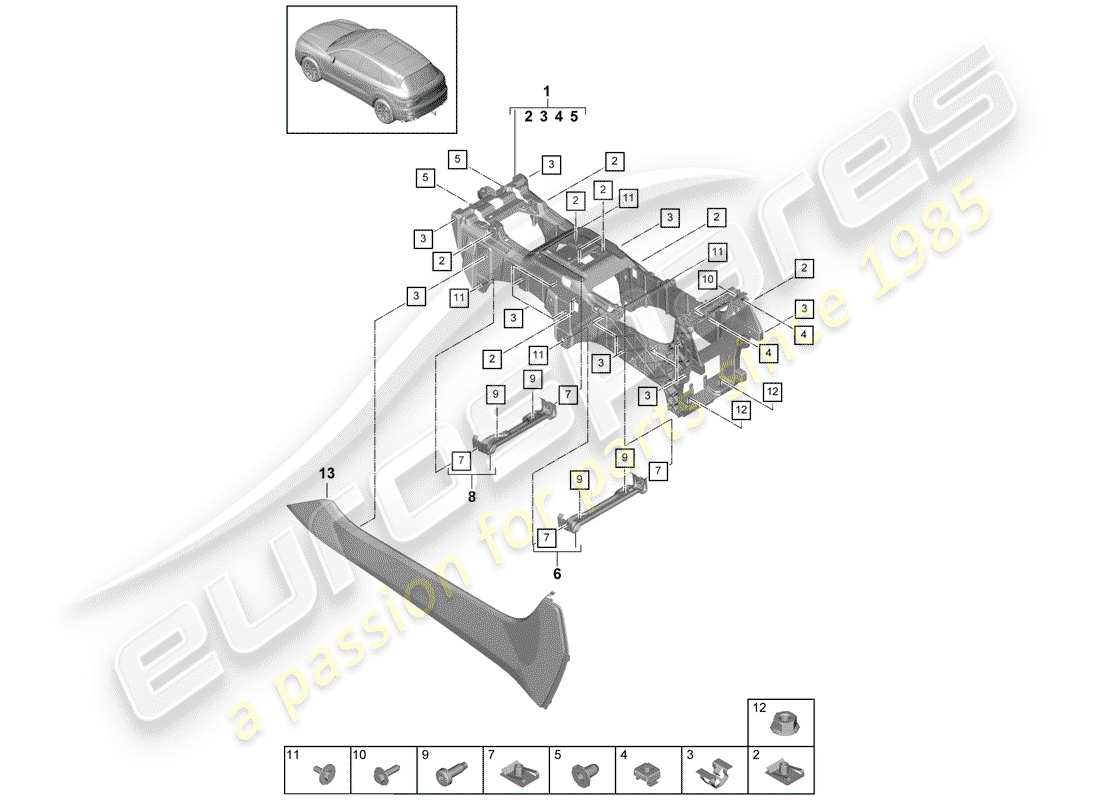 porsche 2019 (cayenne e3 9ya/9yb) center console ersatzteildiagramm