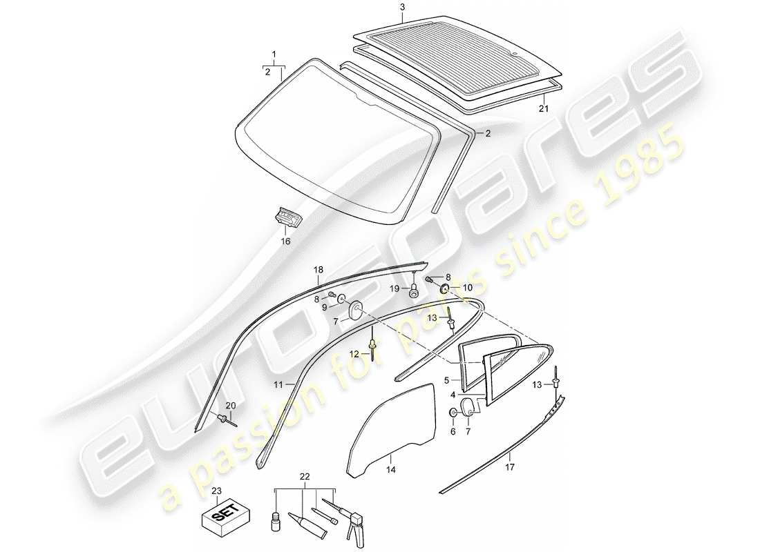 porsche 2005 (997-1) fensterverglasung ersatzteildiagramm