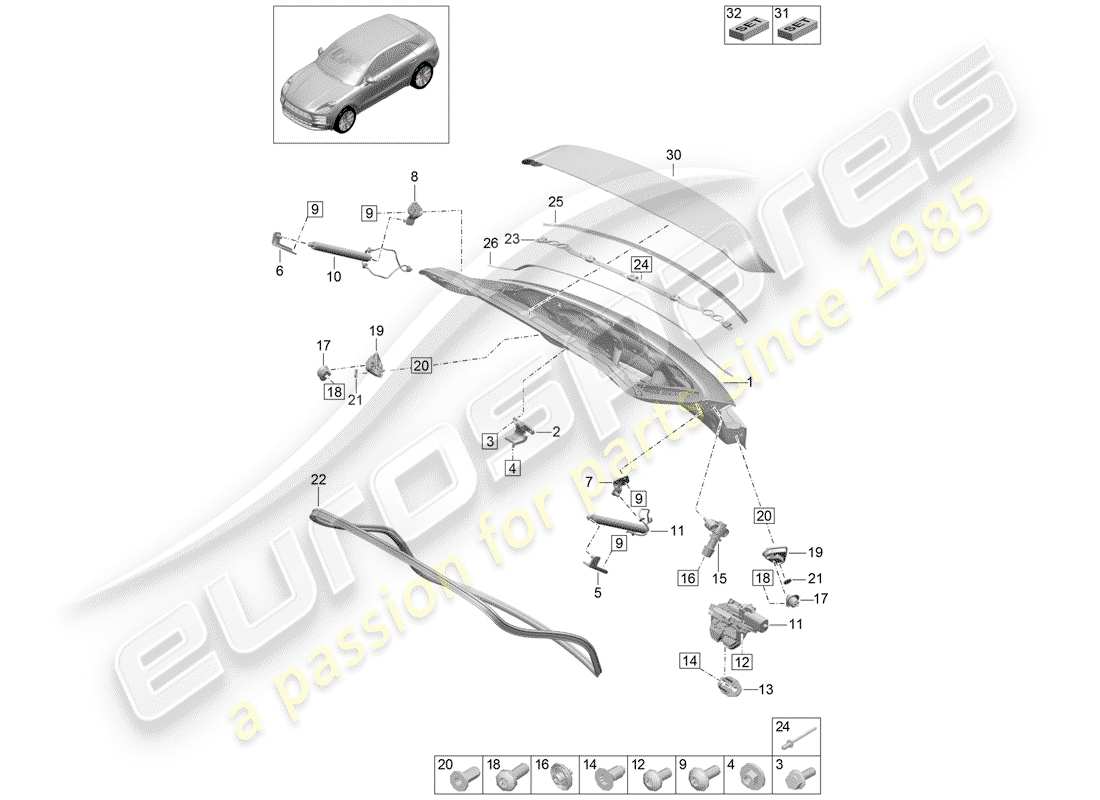 porsche 2020 (macan) hinterer kofferraumdeckel - teilediagramm