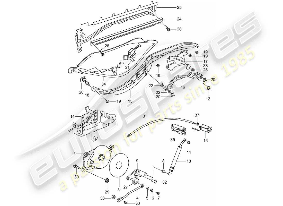 porsche 2000 (986 boxster) oberer rahmen - antriebseinheit - oberes stauraum - abdeckung teilediagramm