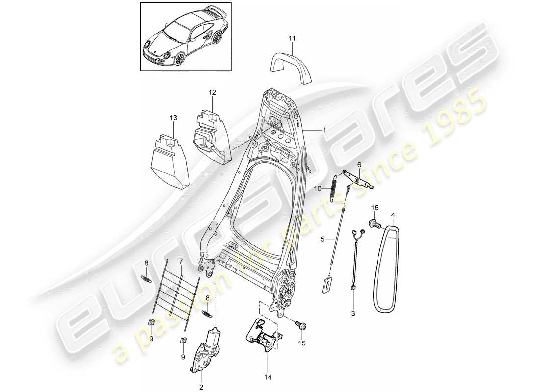 porsche 2011 (997-2 turbo / gt2 rs) rückenlehnenrahmen ersatzteildiagramm