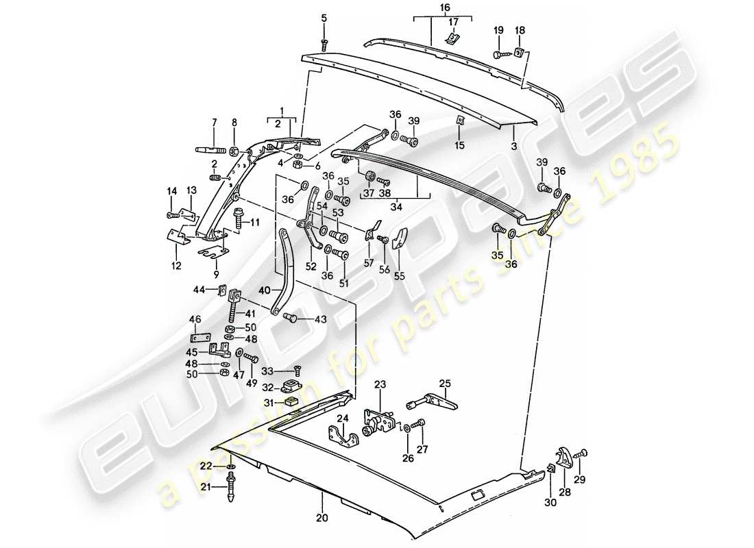 porsche 1987 (911) hauptspiegel - dachrahmen - einzelteile ersatzteildiagramm