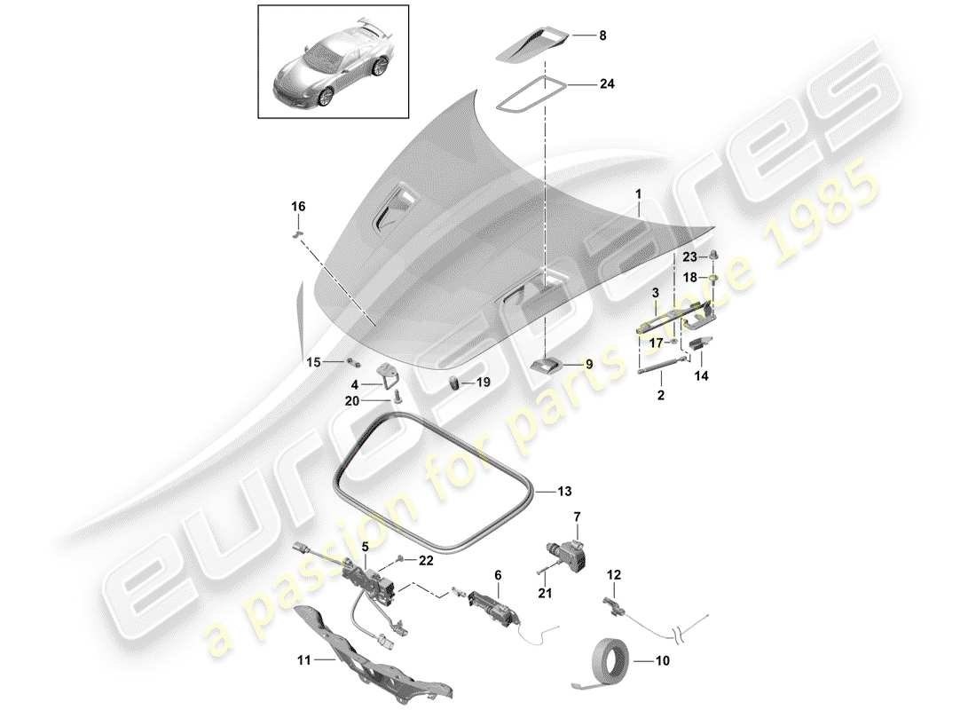 porsche 2019 (991-2 r/gt3/rs) hood-teilediagramm