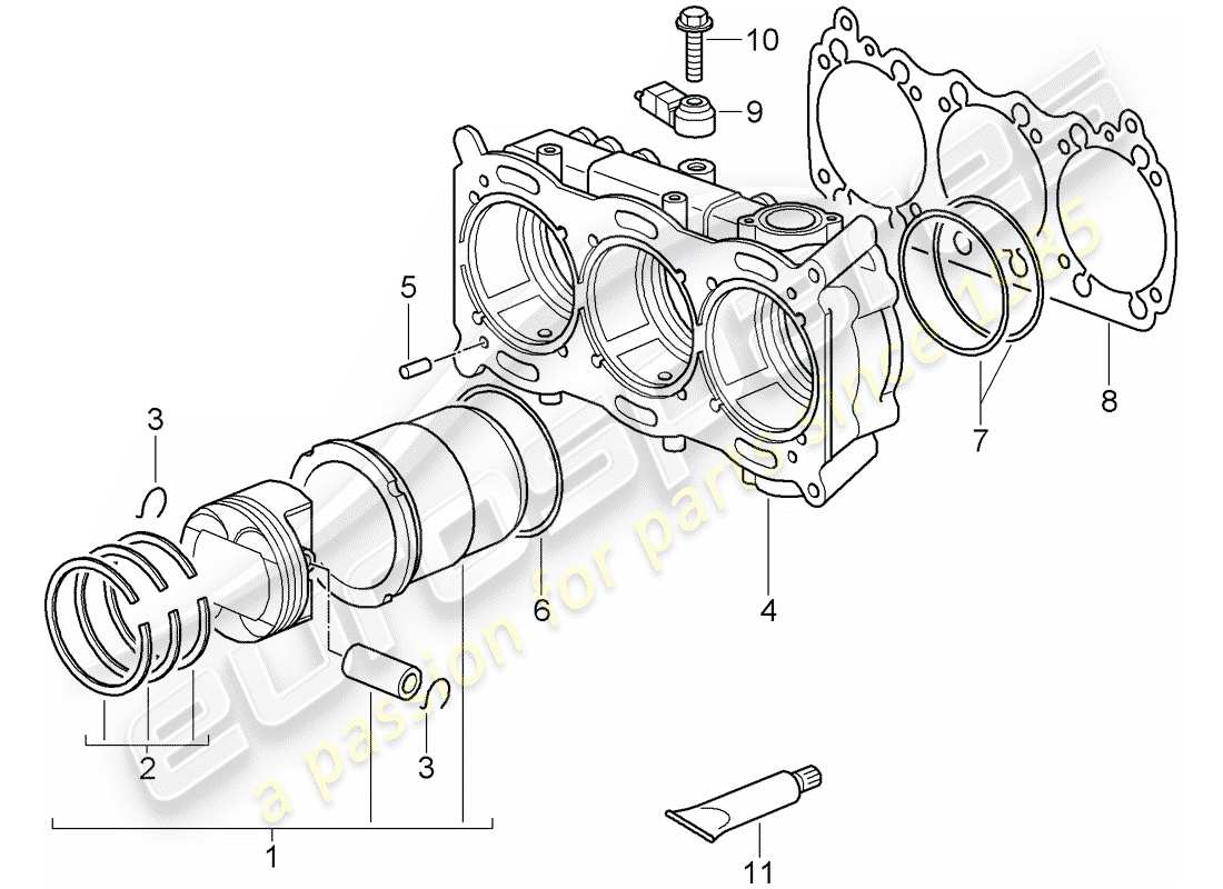 porsche 2007 (997-1 gt3) zylinder mit kolben ersatzteildiagramm
