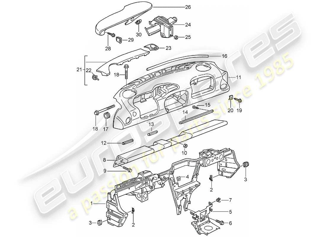 porsche 996 t/gt2 (2003) armaturenbrettverkleidung - mit: - halterahmen ersatzteildiagramm