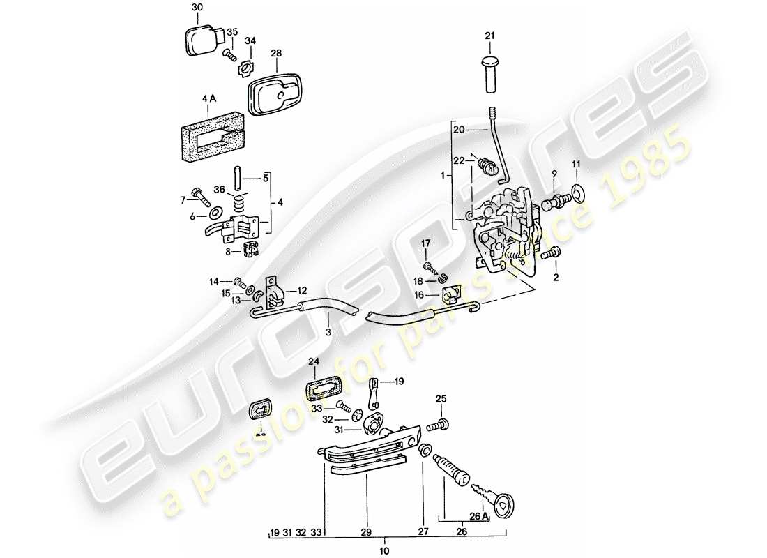 porsche 1976 (924) installationsteile - tür - türverriegelung teilediagramm