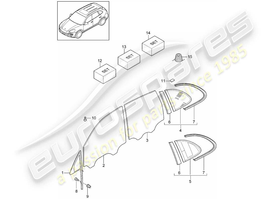 porsche 2013 (cayenne e2 92a) fenstergläser ersatzteildiagramm