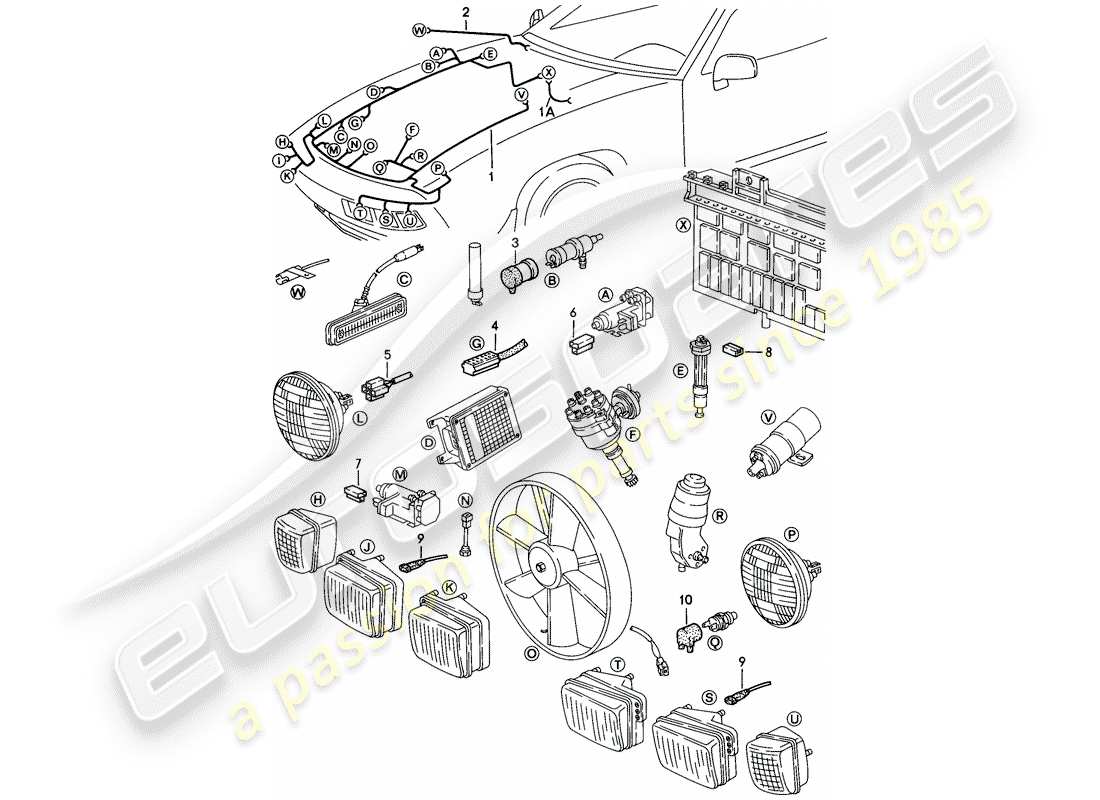 porsche 1986 (928) kabelbaum - vorderer gepäckraum ersatzteildiagramm