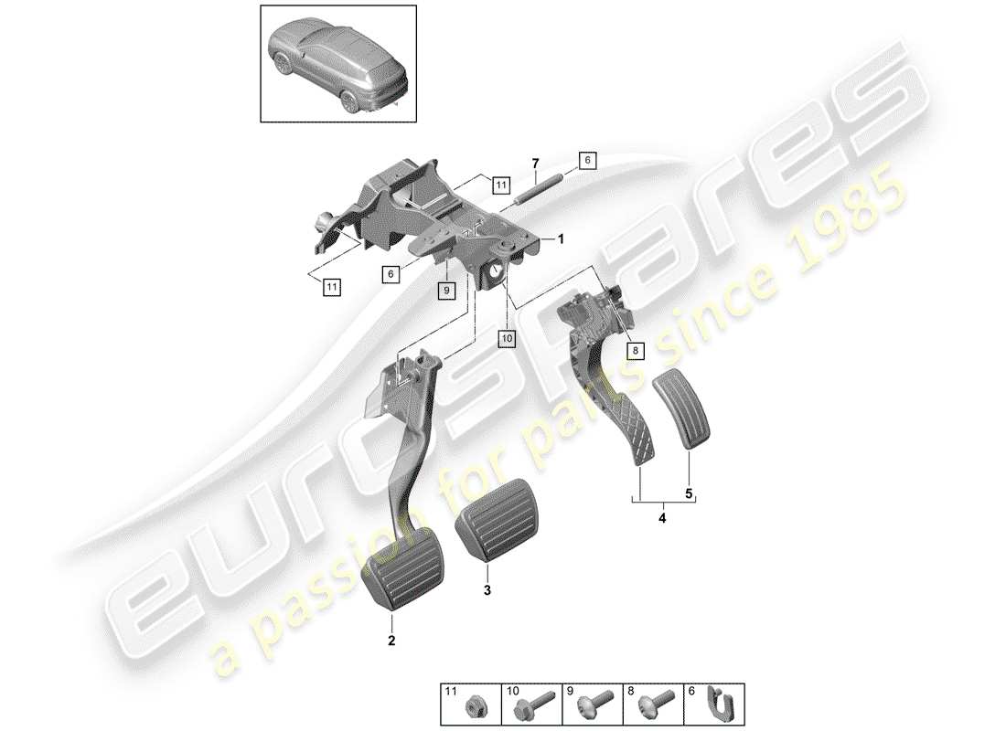 porsche 2018 (cayenne e3 9ya/9yb) brems- und beschleunigungspedalbaugruppe teilediagramm