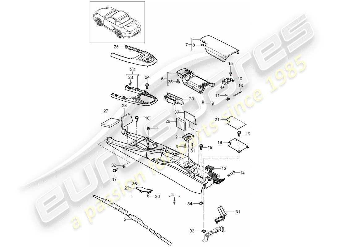 porsche 2010 (987 boxster) center console ersatzteildiagramm