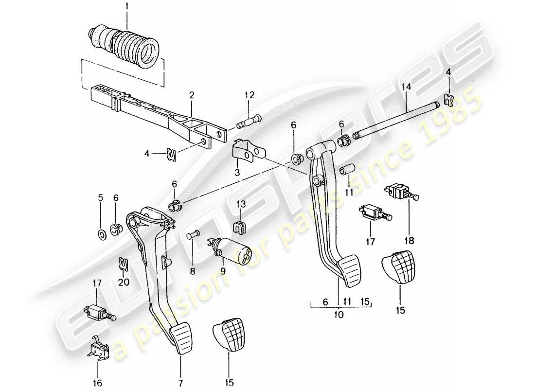 porsche 1998 (986 boxster) brems- und beschleunigungspedalbaugruppe teilediagramm