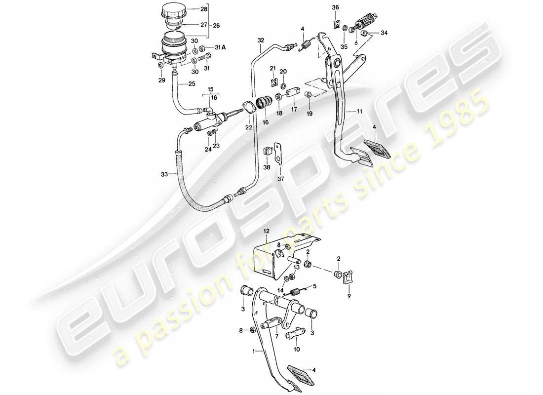 porsche 1988 (944) bremse - kupplung - pedale ersatzteildiagramm