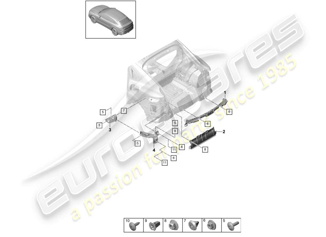 porsche 2020 (cayenne e3 9ya/9yb) befestigungselemente heckstoßstange basis coupé teilediagramm