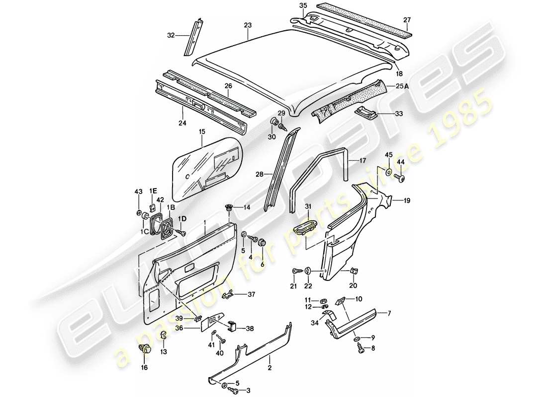 porsche 1988 (944) türverkleidung - dachverkleidung teilediagramm