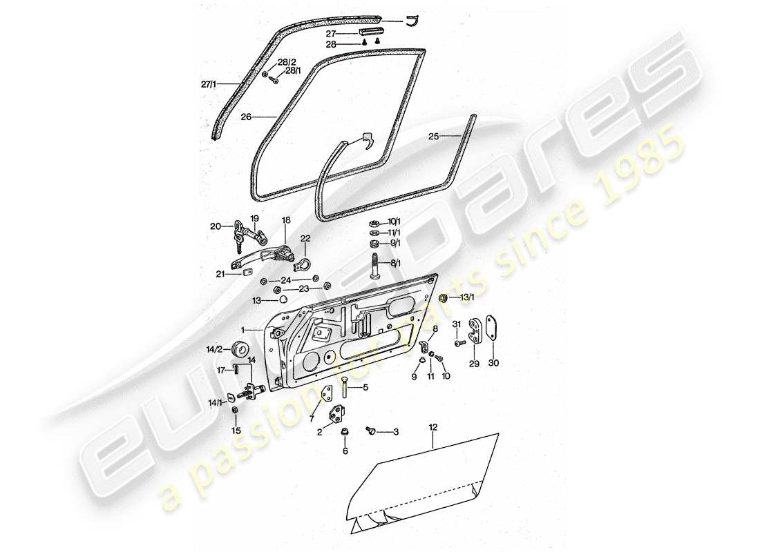 porsche 1977 (911 turbo) tür - mit einbauteilen ersatzteildiagramm
