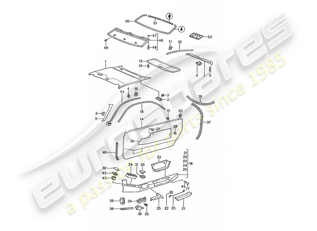 porsche 1987 (928) türverkleidung - dachverkleidung teilediagramm