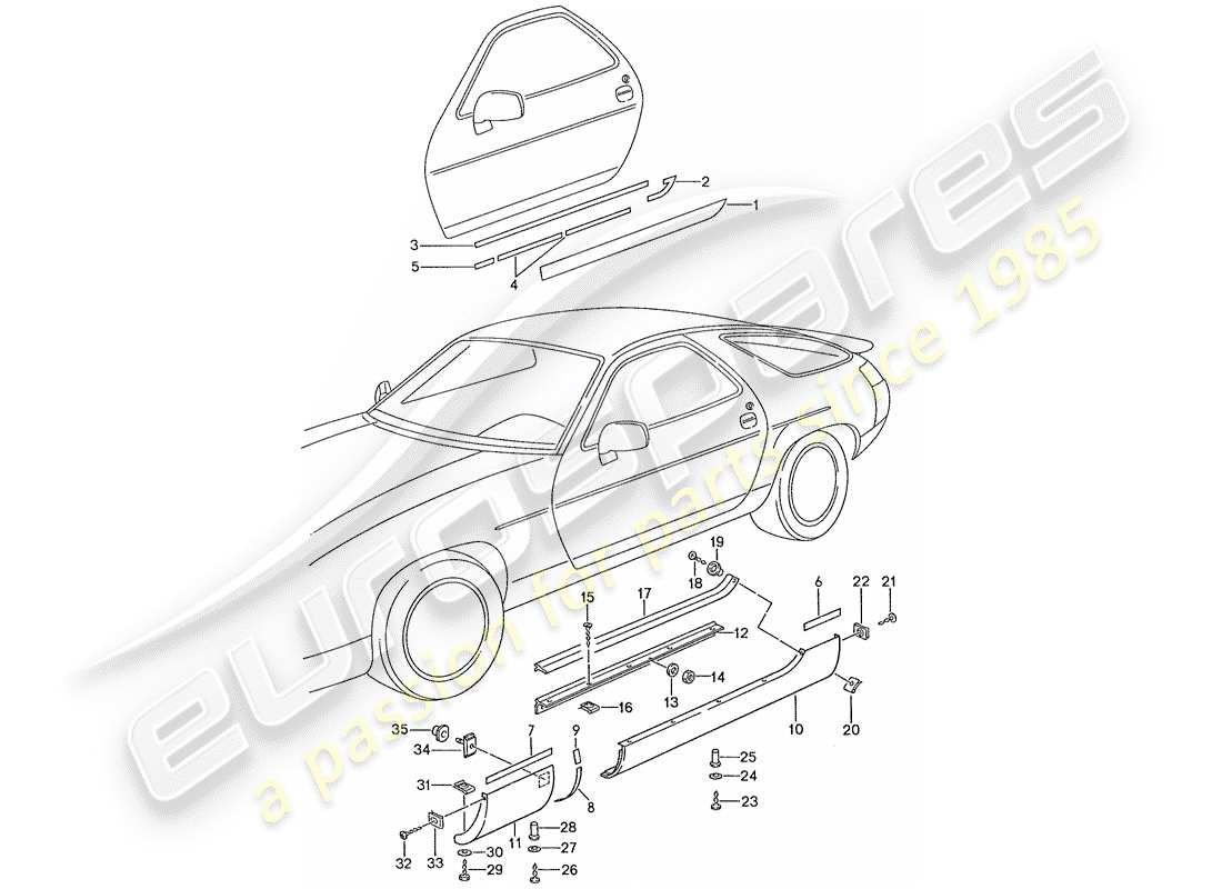 porsche 1987 (928) seitenträgerverkleidung teilediagramm